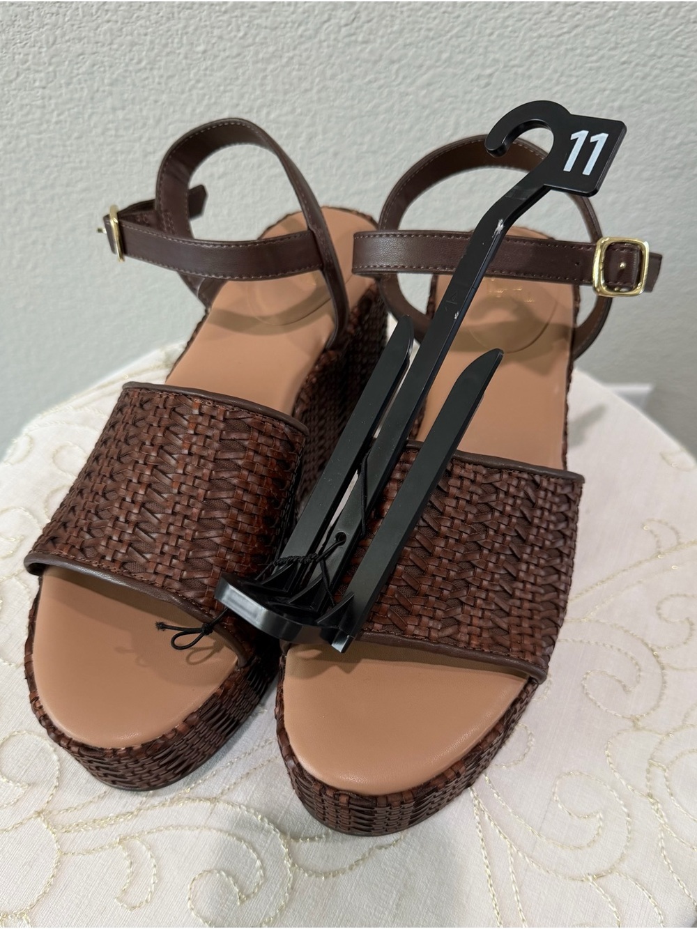 Time and Tru Brown Woven Platform Sandals with Ankle Buckle